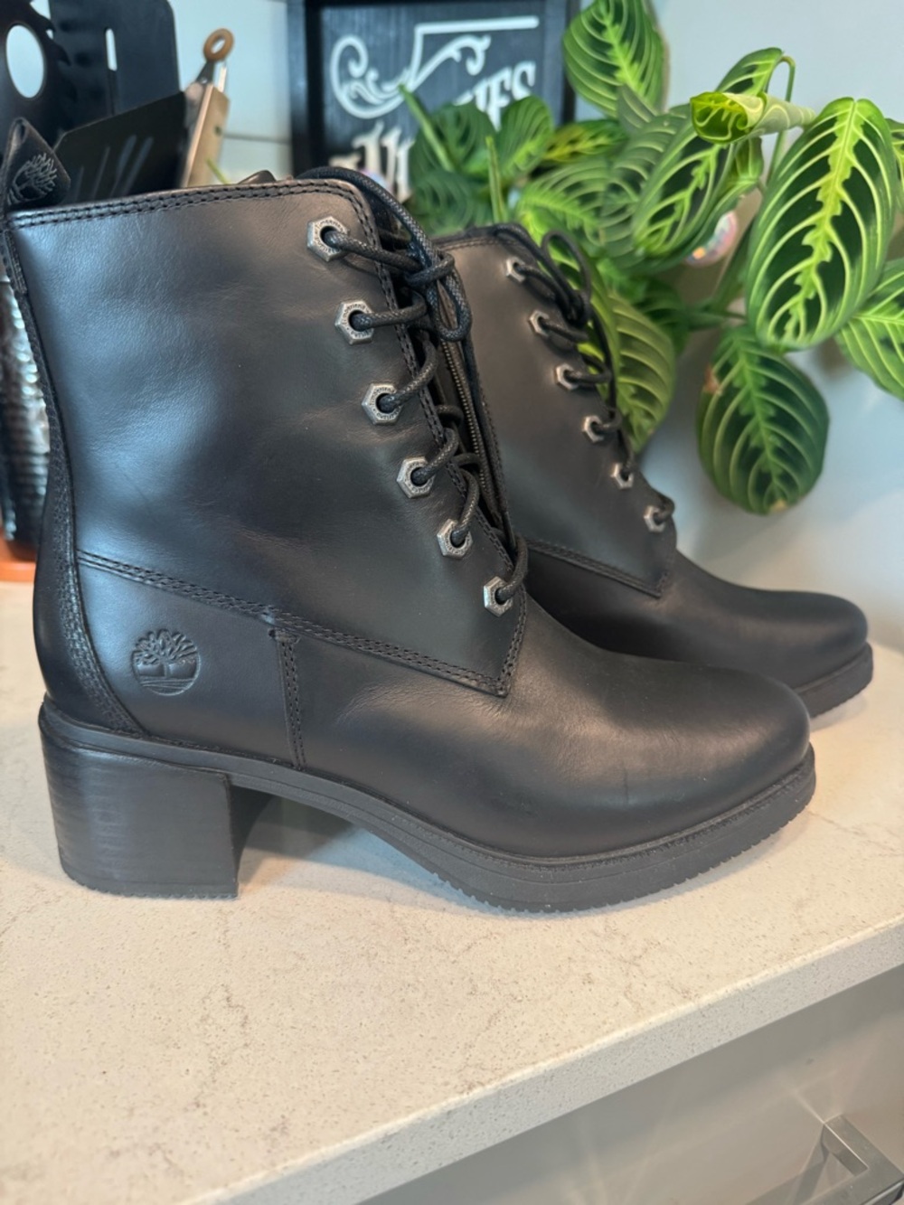 Timberland Black Leather Lace-Up Block Heel Ankle Boots